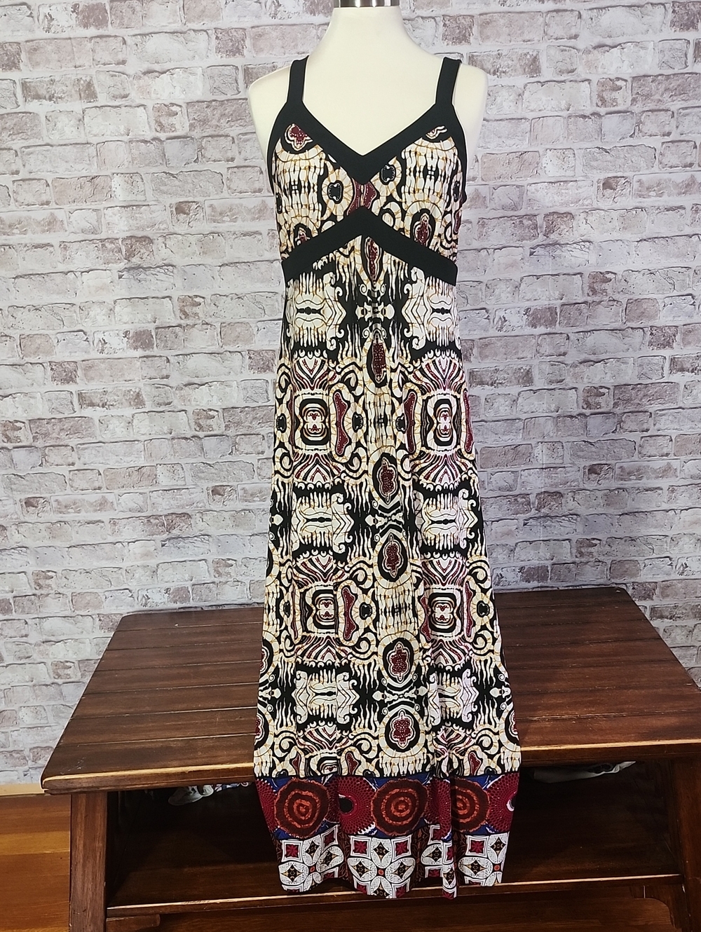 JohnPaulRichard Black-Trimmed Ivory and Burgundy Geometric Maxi Dress